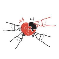 hand drawn doodle hands put puzzle heart together vector