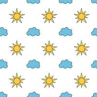 Seamless pattern with yellow suns and clouds. Simple Sunny cloudscape background. Vector flat illustration.