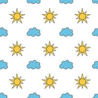 Seamless pattern with yellow suns and clouds. Simple Sunny cloudscape background. Vector flat illustration.