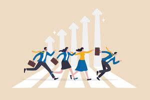 Business challenge, growing to success, growth chart or career path, teamwork winning together, work improvement or leadership, motivation concept, business people running on growth arrow up chart. vector