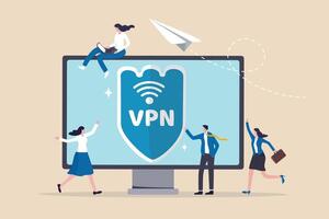 VPN virtual private network, security protection for internet access, technology or firewall encryption to protect computer network, safety or privacy, business people with VPN shield and computer. vector