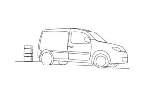 One continuous line drawing of Delivery truck concept. Doodle vector illustration in simple linear style.