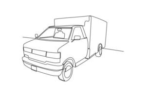 One continuous line drawing of Delivery truck concept. Doodle vector illustration in simple linear style.