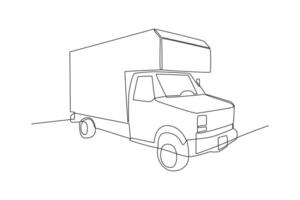 One continuous line drawing of Delivery truck concept. Doodle vector illustration in simple linear style.