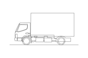 One continuous line drawing of Delivery truck concept. Doodle vector illustration in simple linear style.