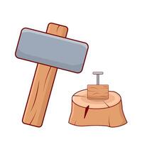 hammer with nail in tree trunk illustration vector