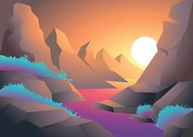hermosa dibujos animados fantasía paisaje con puesta de sol o amanecer y montaña rango con río fluir vector