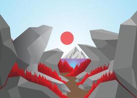 hermosa dibujos animados fantasía paisaje con puesta de sol o amanecer y rock formación en el sendero vector