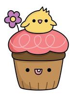 Vector Easter cupcake for kids. Cute kawaii chocolate cup cake with pink icing, flower and chick on top. Funny cartoon character. Traditional spring holiday dessert illustration
