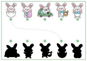 Easter shadow matching activity with bunnies. Spring holiday shape recognition puzzle with cute kawaii animals. Find correct silhouette printable worksheet. Garden page for kids with rabbits vector