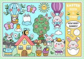 Vector Easter searching game with country house and kawaii characters. Spot hidden rabbits in the picture. Simple spring holiday seek and find page or egg hunt printable activity with bunny