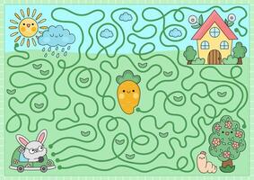 Easter maze for kids. Spring holiday preschool printable activity with kawaii car with bunny, country house. Garden labyrinth game or puzzle with cute characters, blossoming tree, worm, carrot, sun vector