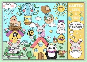 Vector Easter searching game with country house and kawaii characters. Spot hidden objects in the picture. Simple spring holiday seek and find page or egg hunt printable activity with bunny