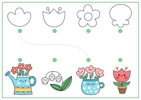 Easter shape recognition activity. Spring holiday matching puzzle with cute kawaii flowers. Find correct silhouette printable worksheet. Garden page for kids with tulip, watering can