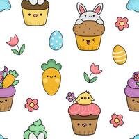 Vector kawaii Easter seamless pattern for kids with funny cupcakes. Cute cartoon repeat background. Traditional symbols digital paper with colored eggs, cakes, carrot. Spring holiday texture