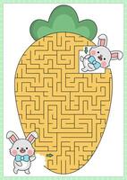 Easter maze for kids. Spring holiday preschool printable activity with kawaii bunny eating big carrot. Geometrical labyrinth game or puzzle with cute character, traditional vegetable vector