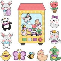 Vector kawaii toy vending machine with Easter toys. Cute gadget illustration with bunny, chick, colored egg, panda bear, tulip flower. Funny cartoon gambling game with spring characters