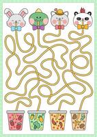 Kawaii maze for kids. Preschool printable activity with cute animals drinking bubble tea with different tastes. Labyrinth game or puzzle with funny characters, fancy drinks with carrot, strawberry vector