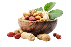 AI generated Side view whole and peeled peanuts in a wooden bowl with leaves png