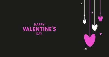 Vector Hanging hearts with text by Valentine day. Cute lettering. Black background in flat style. For greeting card, logo, sale, product, design