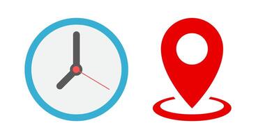 Time and address icon vector in flat style. Clock and location marker sign symbol