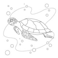 Turtle black line vector doodle illustration. Cute cartoon sea turtle underwater isolated on a white background. Marine animals. Coloring page.