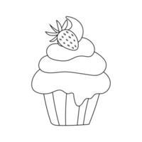 Cupcake with cream and strawberry, doodle black and white dessert vector illustration.