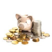 AI generated piggy bank and coins on transparent background png