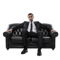 AI generated businessman sitting on a black leather couch png