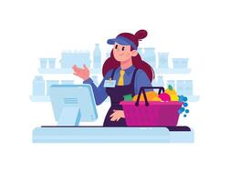 Illustration of a cashier saleswoman girl in a supermarket. Vector. A character in a store behind the cash register sells goods. Hero mascot for a catalog or corporate style. Discounts on goods. vector