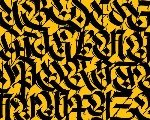 Pattern, ornament in the Gothic style. Vector. Alphabet. All elements are stored separately. Calligraphy and lettering. Medieval Latin letters. Graphic elements. Design for fabric and packaging.