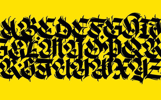 Pattern, ornament in the Gothic style. Vector. Alphabet. All elements are stored separately. Calligraphy and lettering. Medieval Latin letters. Graphic elements. Design for fabric and packaging.