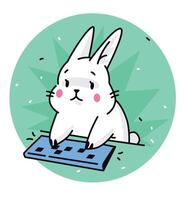 Illustration of a hare at a keyboard. Vector. Sticker of a white cute cartoon rabbit hacker. Meme sticker, rodent animal hits the keyboard. vector