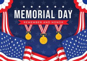 monumento día de recuerda y honor vector ilustración con americano bandera y cinta a meritorio soldado en plano dibujos animados antecedentes