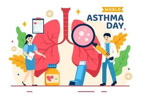 mundo asma día vector ilustración en mayo 2 con inhalador, médico equipo y salud prevención livianos en cuidado de la salud plano dibujos animados antecedentes