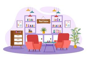 Nail Polish Salon Vector Illustration with Receiving of Manicure or Pedicure with Tools and Accessories to a Young Girl Concept in Flat Background