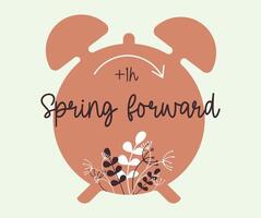 Minimalist Spring Forward poster with Alarm clock silhouette. Springtime concept in flat style with leaves. Arrow indicates timepiece advances one hour. Daylight Saving Time starts. vector