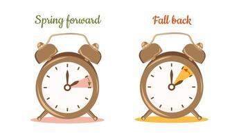 Daylight Saving Time concept. Fall back and Spring forward. Clocks hand turning to summer and winter time for website. Graphic minimalist vector illustration with alarm isolated on white background.