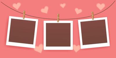 Valentine's day romantic cards with Blank set photo frames mockup. Greeting Love pink Scrapbook template with blurred hearts. Realistic empty print-holder for memory with shadows for album. vector