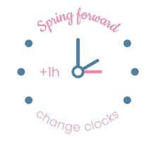 Spring forward minimalist pink and blue design. Summertime vector illustration with clock face and arrows.