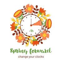 Spring Forward reminder to change clocks. Hand turn to Summertime. Summer time in March minimalist style design. DST illustration in flat style with flowers and leaves isolated on white background. vector