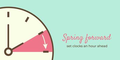 Banner Spring Forward in Minimalist style. Hand of face turning to Summer time. Reminder text Set clocks one hour Ahead in March to summertime. vector