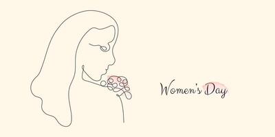 Women's Day banner in line art style. Woman face with flower in March 8. Minimalist vector illustration.