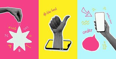 Set of collage elements with phones and hands. Multicolor, bright vector illustration with hands coming out of phones and showing different gestures. Retro banner with cut out paper elements.