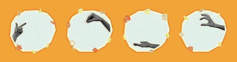 Set of collage elements with hands and paper. Vector illustration with halftone elements for decoration of advertising or events. Retro banner concept with cut out paper elements.