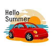 verano antecedentes con auto, mar, playa. Hola verano. concepto de playa vacaciones. vacaciones y relajación. vacaciones, turismo, verano viaje, vacaciones. vector