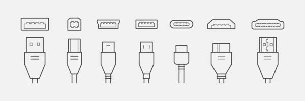 Cable connectors and plugs line icons set . USB, HDMI, ethernet icon set. Mini, micro, lightning, type A, B, C connectors. Vector illustration white background