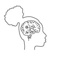 humano mental salud, abierto mente línea icono. joven africano mujer pensando positivo. cabeza y cerebro contorno vector ilustración