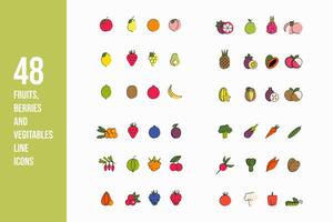 Editable stroke thin line food icons for web and app. Fruits, berries and vegetables icon set. Flat simple colorful food vector illustrations.