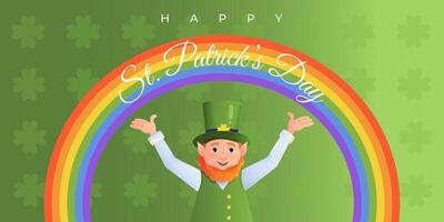 Happy St. Patricks Day banner with leprechaun and rainbow.Green pattern background with clover leaves. Cartoon style vector illustration.